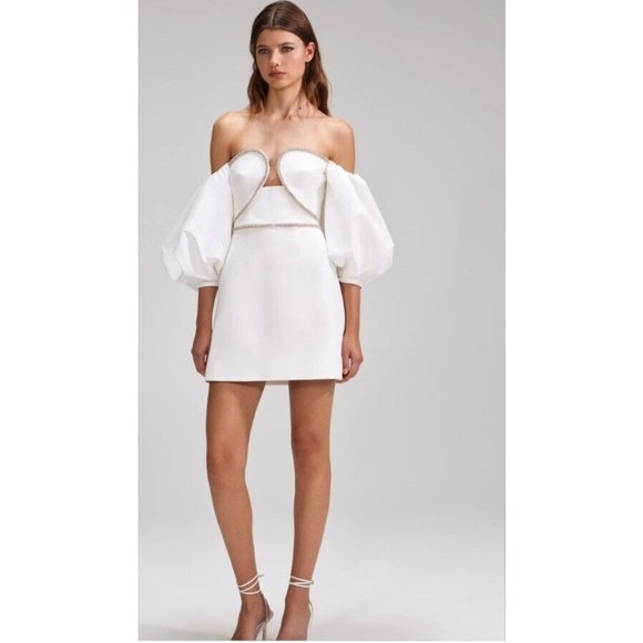 self-portrait White Bonded Crepe Puff Sleeve Mini Dress Wedding - Picture 4 of 11